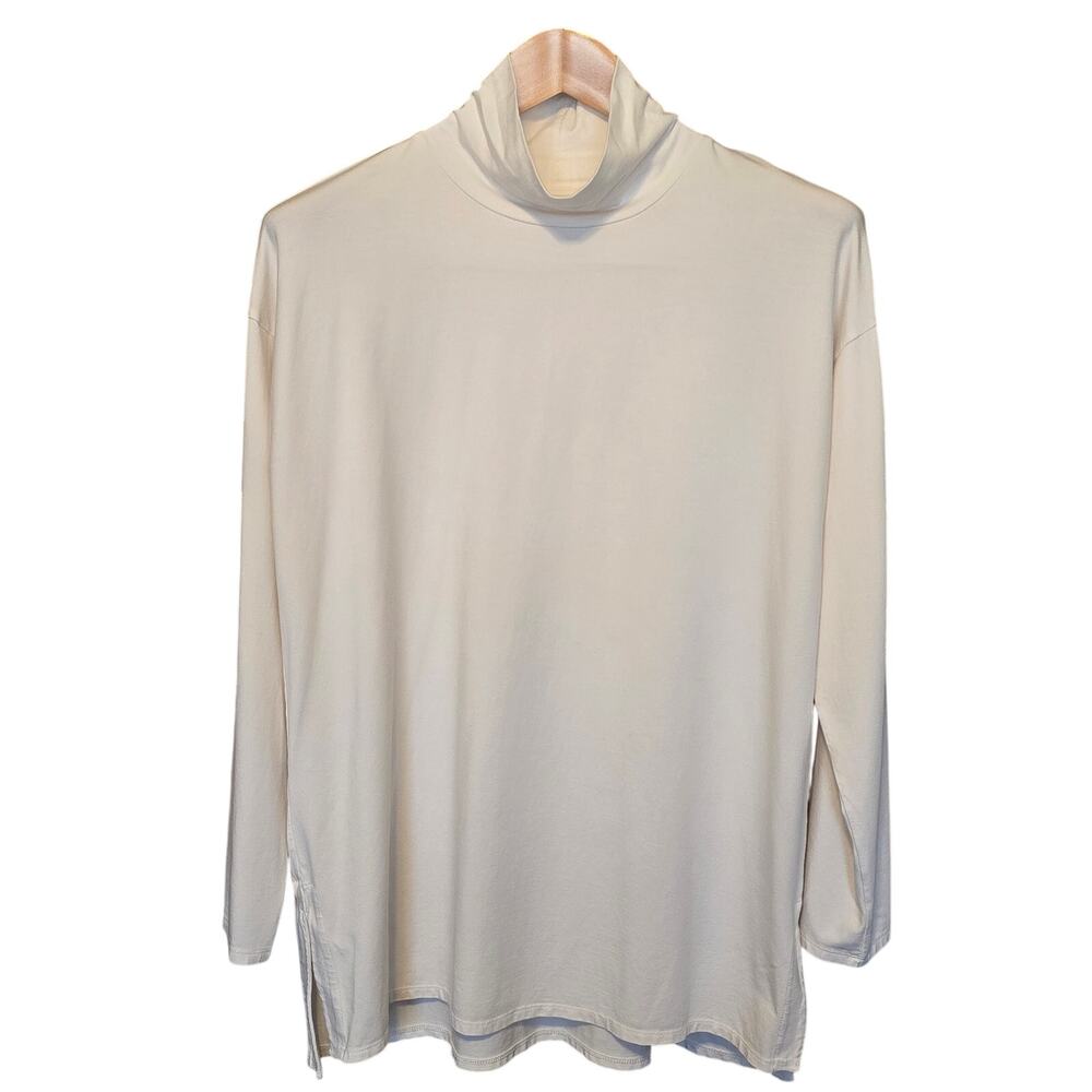 J Jill Turtleneck Tunic Womens Size Medium White Luxe Supima High-Low Clean Girl